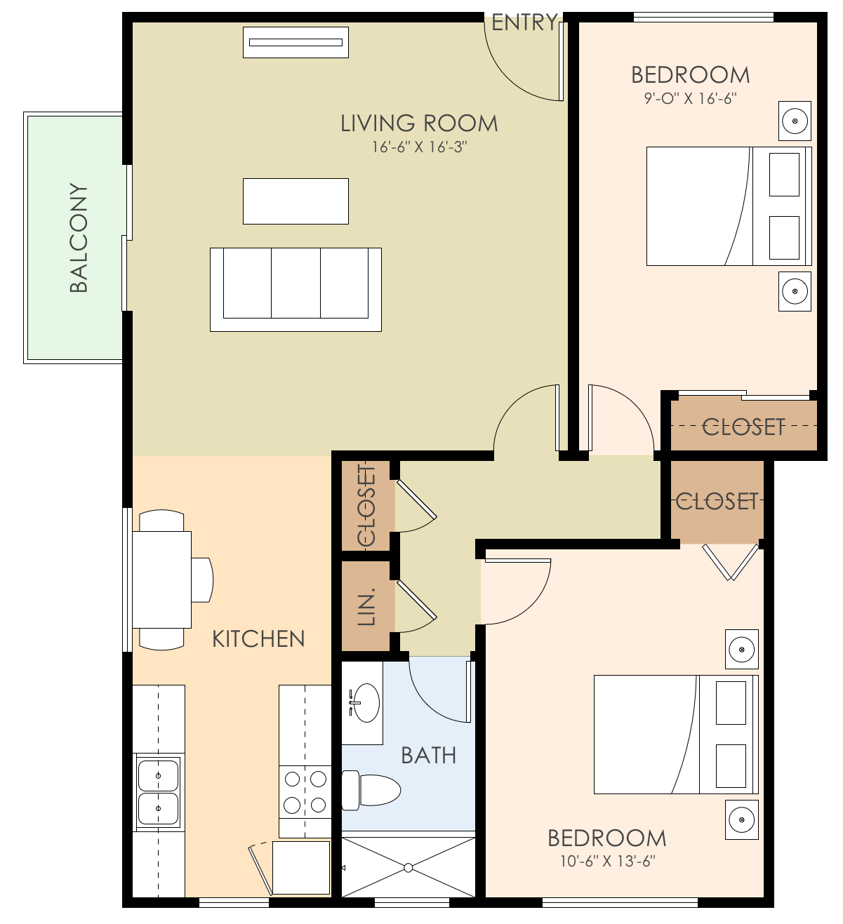 Floor plan for 2 beds, 1 bath, 900 sqft